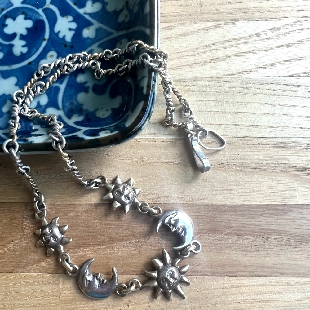 Vintage toztli designer Mexico 925 Sterling silver necklace sun moon
